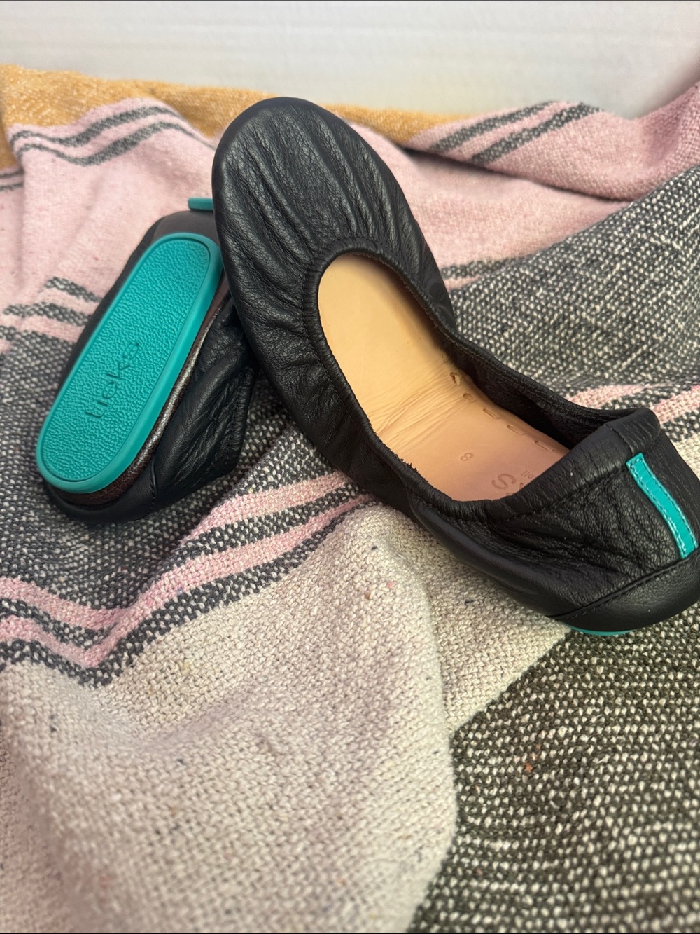 Tieks Black Leather Ballet Flats with Teal Accents